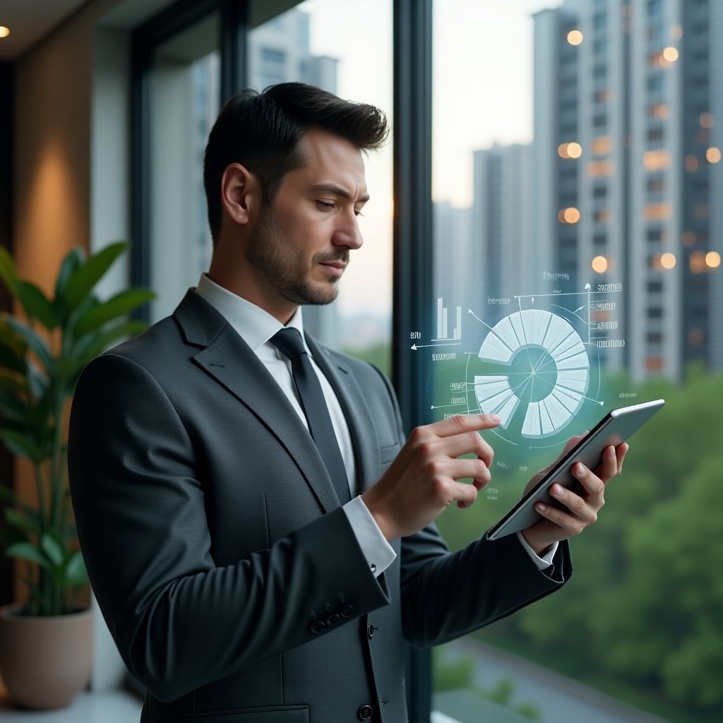 Ultra-realistic condominium manager in a charcoal gray suit, set in a modern luxury condominium environment with high-rise buildings and lush green landscaping, analyzing a holographic pie chart overlay of unit fractions on a digital tablet, floating percentage icons and architectural floor plan elements around them, thoughtful and confident expression, cinematic lighting, shallow depth of field, highly detailed textures, realistic skin, photographic realism, 8k resolution --ar 1:1 --v 6