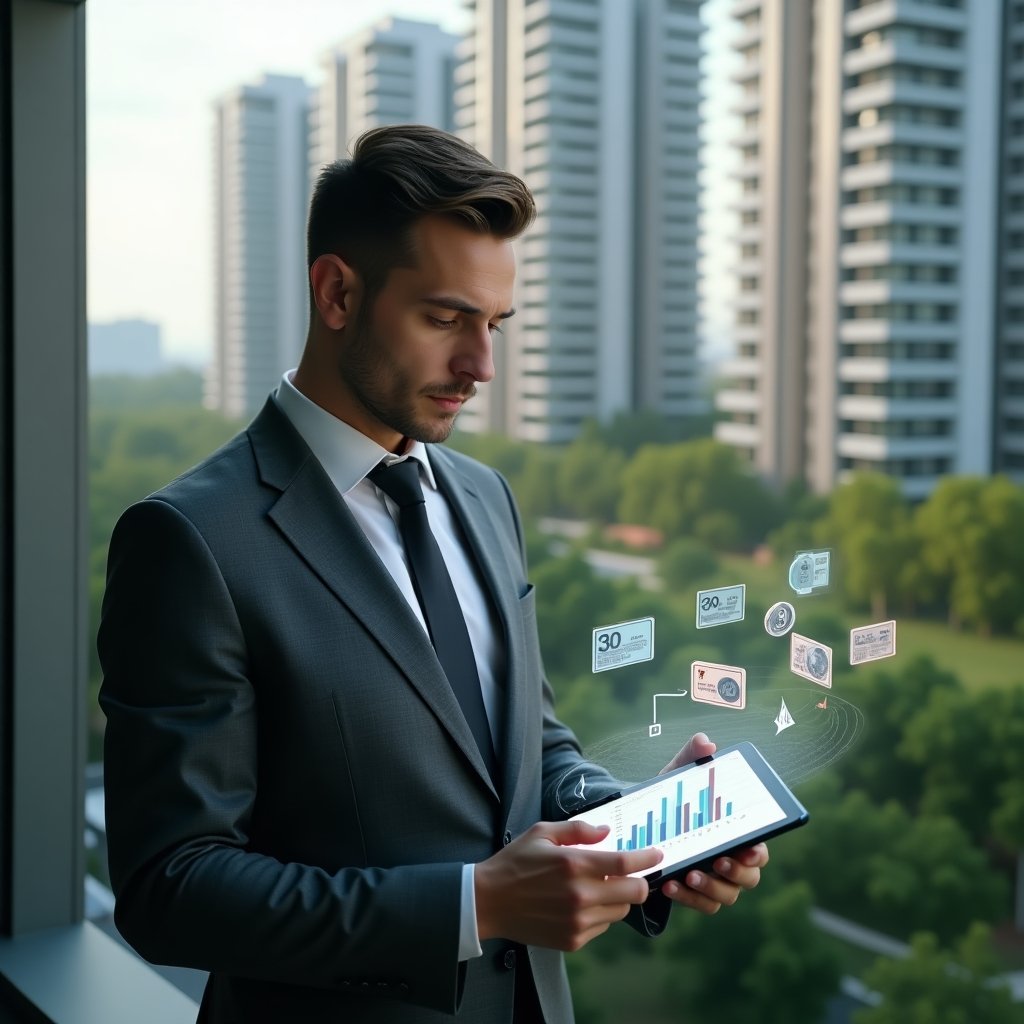 Ultra-realistic condominium manager in a charcoal gray executive suit, set in a modern luxury condominium environment with high-rise buildings and lush green landscaping, examining a tablet displaying holographic bar charts comparing ordinary and extraordinary expenses, floating coin and warning icons around, thoughtful and confident expression, cinematic lighting, shallow depth of field, highly detailed textures, realistic skin, photographic realism, 8k resolution --ar 1:1 --v 6
