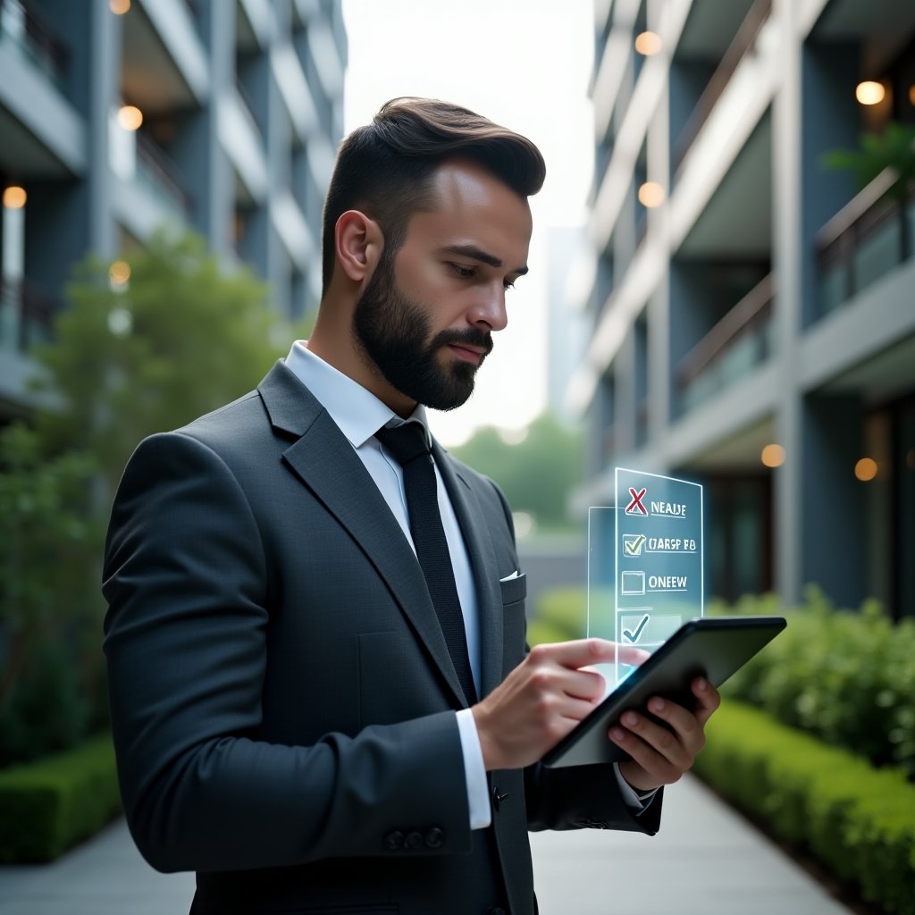 Ultra-realistic condominium manager in a charcoal gray suit, set in a modern luxury condominium environment with high-rise glass buildings and lush green landscaping, holding a tablet and reviewing a holographic checklist with checkmarks and warning icons, thoughtful and confident expression, cinematic lighting, shallow depth of field, highly detailed textures, realistic skin, photographic realism, 8k resolution --ar 1:1 --v 6