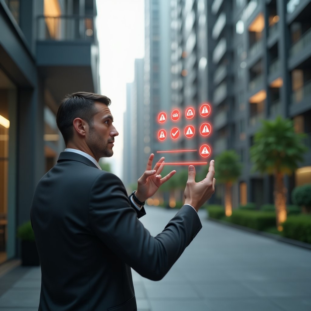 Ultra-realistic condominium manager in a charcoal gray suit, set in a modern luxury condominium environment with high-rise buildings and green landscaping, medium shot of the manager thoughtfully reviewing a floating holographic checklist of seven red-marked errors, holographic icons of warning signs and checkmarks around them, cinematic lighting, shallow depth of field, highly detailed textures, realistic skin, photographic realism, 8k resolution --ar 1:1 --v 6