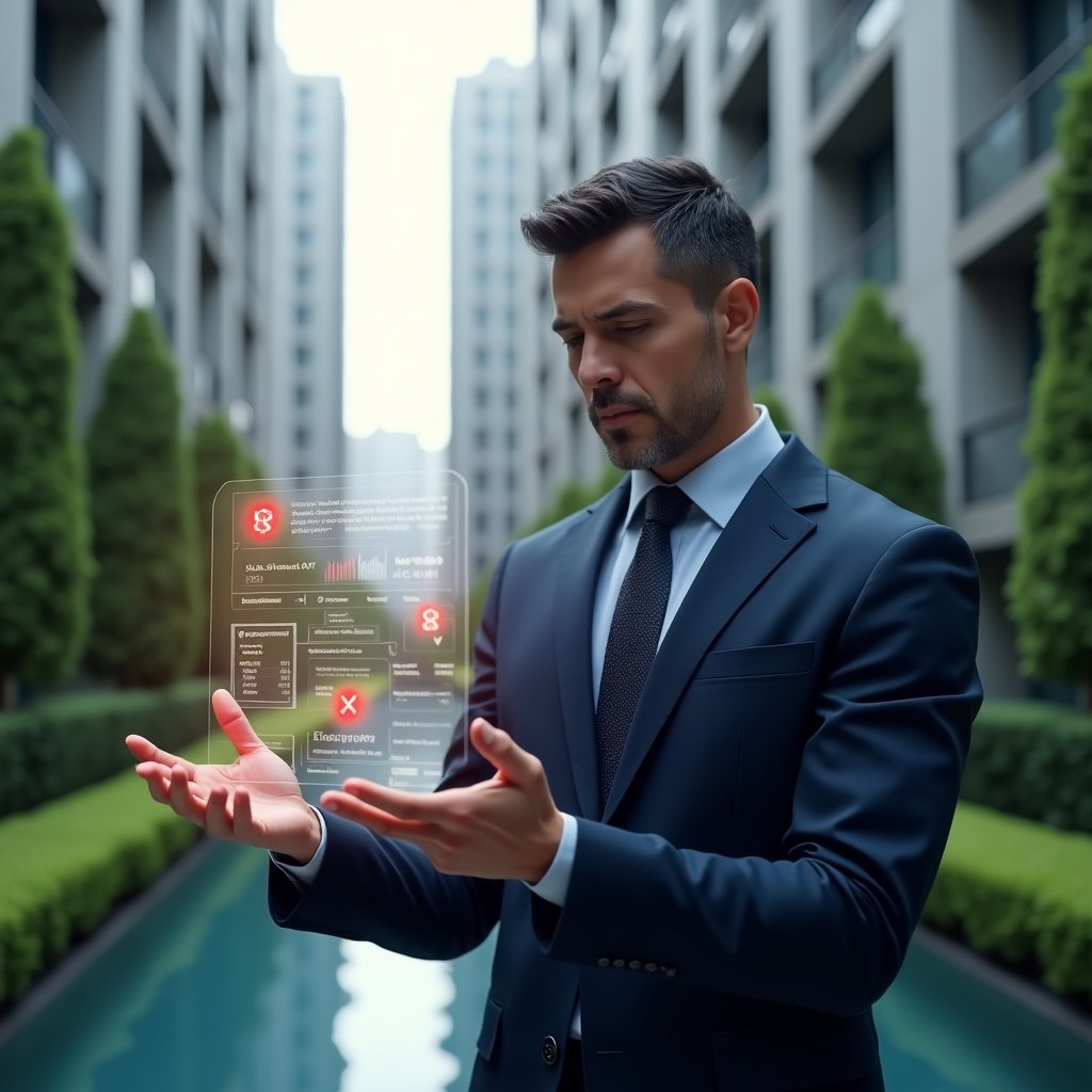 (Ultra-realistic property manager in a tailored navy blue suit, set in a modern luxury condominium environment with high-rise buildings and manicured green landscaping, mid shot close-up focusing on the manager examining a floating holographic financial dashboard with red warning icons, expense charts and digital receipts, serious and focused expression, cinematic lighting, shallow depth of field, highly detailed textures, realistic skin, photographic realism, 8k resolution --ar 1:1 --v 6)