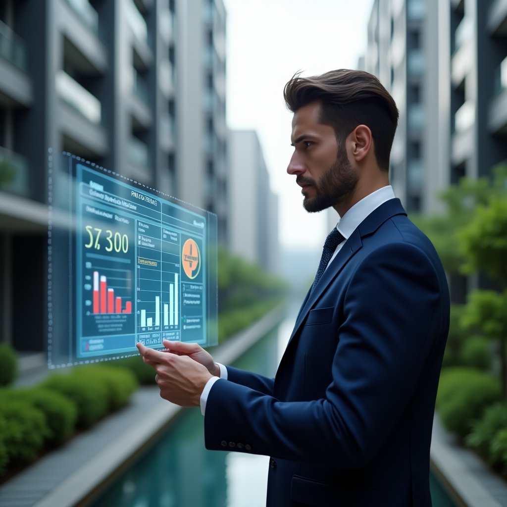 (Ultra-realistic condominium manager in a navy blue suit, set in a modern luxury condominium environment with high-rise buildings and lush green landscaping, reviewing a holographic financial dashboard displaying expense graphs and red warning indicators, thoughtful and focused expression, cinematic lighting, shallow depth of field, highly detailed textures, realistic skin, photographic realism, 8k resolution --ar 1:1 --v 6)