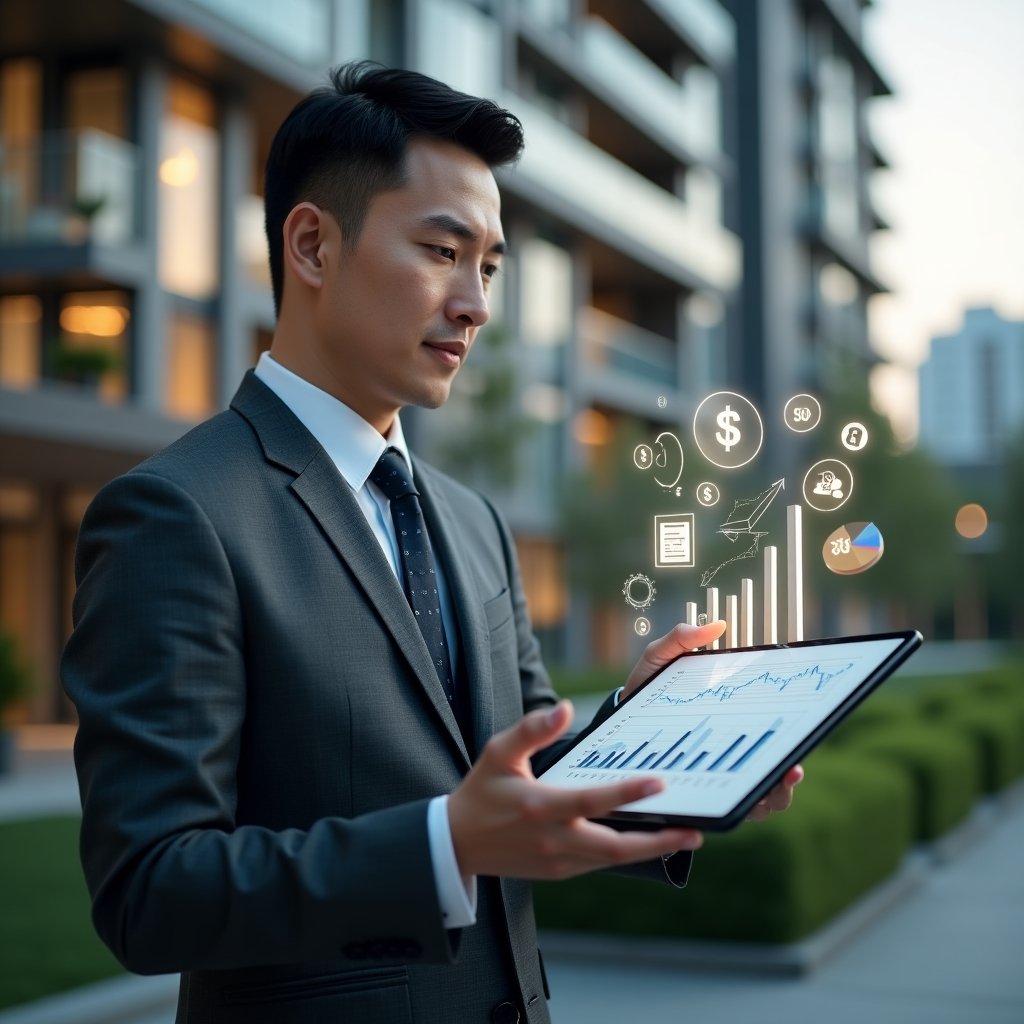 (Ultra-realistic condominium manager in a dark gray executive suit, set in a modern luxury condominium environment with high-rise buildings and green landscaping, holding a transparent tablet displaying holographic financial charts, pointing at highlighted bar graphs with floating invoice and pie-chart icons around, focused and confident expression, cinematic lighting, shallow depth of field, highly detailed textures, realistic skin, photographic realism, 8k resolution --ar 1:1 --v 6)