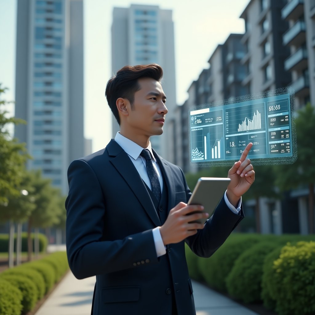 (Ultra-realistic condominium manager in a tailored navy suit, set in a modern luxury condominium environment with high-rise buildings and manicured green landscaping, holding a tablet and pointing at a floating holographic dashboard displaying warning icons, financial charts and maintenance schedules, conveying confidence and focus, cinematic lighting, shallow depth of field, highly detailed textures, realistic skin, photographic realism, 8k resolution --ar 1:1 --v 6)