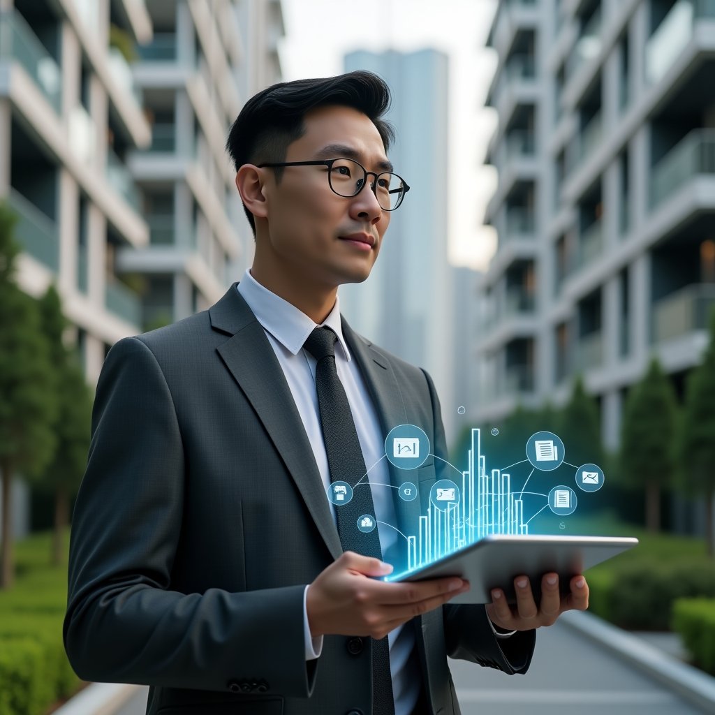 (Ultra-realistic condominium manager in a charcoal grey suit, set in a modern luxury condominium environment with high-rise buildings and green landscaping, holding a tablet displaying a holographic bar chart of recovered condo debts, with floating icons of money, documents and digital notifications, confident and thoughtful expression, cinematic lighting, shallow depth of field, highly detailed textures, realistic skin, photographic realism, 8k resolution --ar 1:1 --v 6)