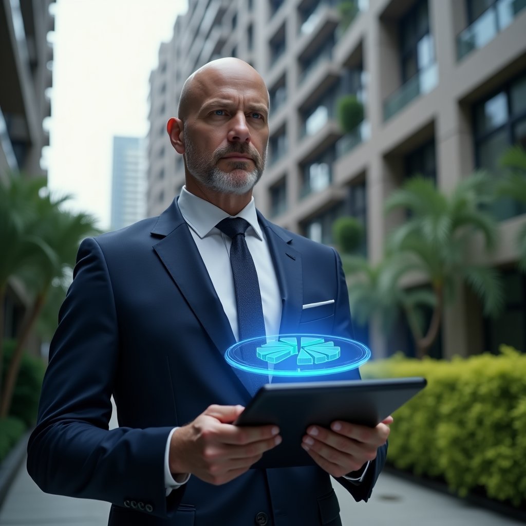 (Ultra-realistic condominium manager in a dark blue executive suit, set in a modern luxury condominium environment with high-rise buildings and lush green landscaping, holding a tablet that projects a holographic pie chart of fractional ownership, expression confident and focused, cinematic lighting, shallow depth of field, highly detailed textures, realistic skin, photographic realism, 8k resolution --ar 1:1 --v 6)