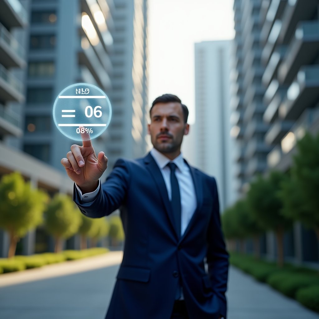 Ultra-realistic condominium manager in a navy blue suit, set in a modern luxury condominium environment with high-rise buildings and green landscaping, pointing to a hovering holographic fractional formula displaying unit area percentage calculations, focused and confident expression, cinematic lighting, shallow depth of field, highly detailed textures, realistic skin, photographic realism, 8k resolution --ar 1:1 --v 6