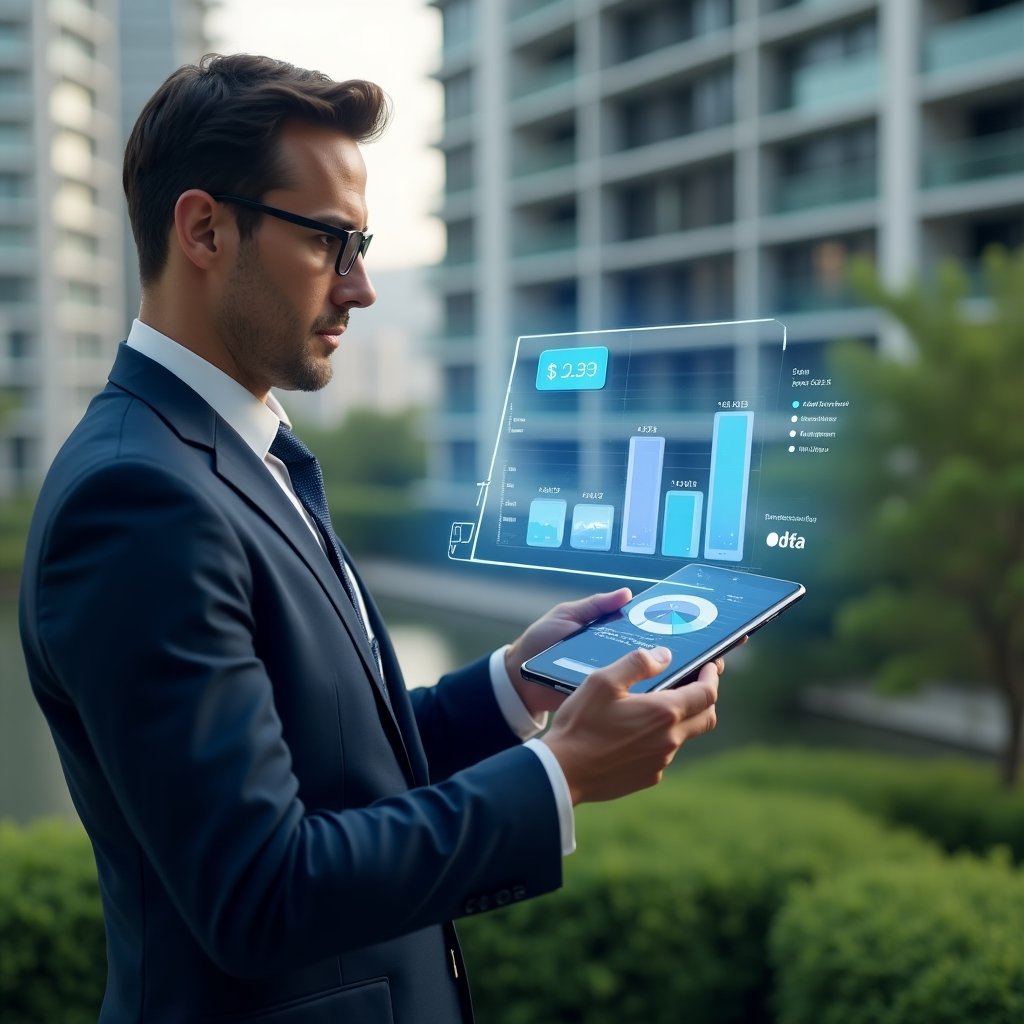(Ultra-realistic property manager in a navy blue business suit, set in a modern luxury condominium environment with high-rise buildings and lush green landscaping, medium shot of a confident professional examining a holographic pie chart floating above a tablet showing condo fee breakdown, smartphone in hand displaying a condo management app interface, cinematic lighting, shallow depth of field, highly detailed textures, realistic skin, photographic realism, 8k resolution --ar 1:1 --v 6)