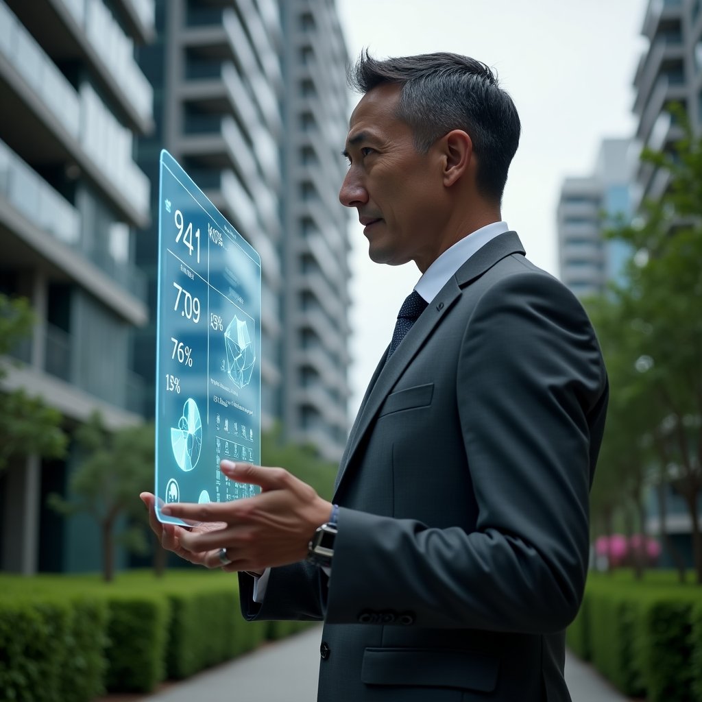 (Ultra-realistic condo property manager in a charcoal gray suit, set in a modern luxury condominium environment with high-rise buildings and manicured green landscaping, mid shot analyzing a holographic interface displaying parking space allocation and fractional ownership percentages with glowing pie charts and parking icons, thoughtful and confident expression, cinematic lighting, shallow depth of field, highly detailed textures, realistic skin, photographic realism, 8k resolution --ar 1:1 --v 6)