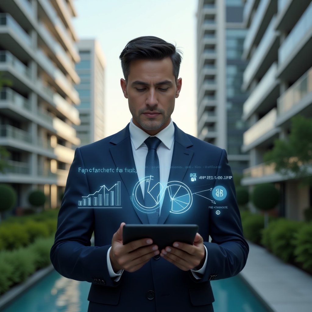 (Ultra-realistic condominium manager in a tailored navy blue suit, set in a modern luxury condominium environment with high-rise buildings and lush green landscaping, holding a digital tablet displaying holographic pie charts and fractional calculation formulas, looking focused and confident, cinematic lighting, shallow depth of field, highly detailed textures, realistic skin, photographic realism, 8k resolution --ar 1:1 --v 6)