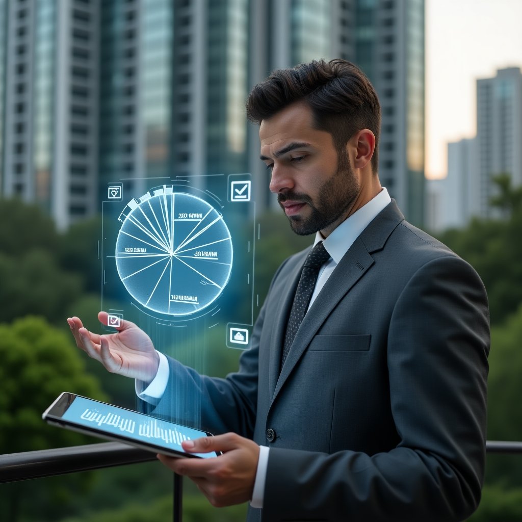 Ultra-realistic condominium manager in a charcoal gray executive suit, set in a modern luxury condominium environment with high-rise glass buildings and manicured green landscaping, analyzing a holographic pie chart illustrating unit fractions and cost distribution, holding a digital tablet with overlaid financial graphs, thoughtful and confident expression, cinematic lighting, shallow depth of field, highly detailed textures, realistic skin, photographic realism, 8k resolution --ar 1:1 --v 6