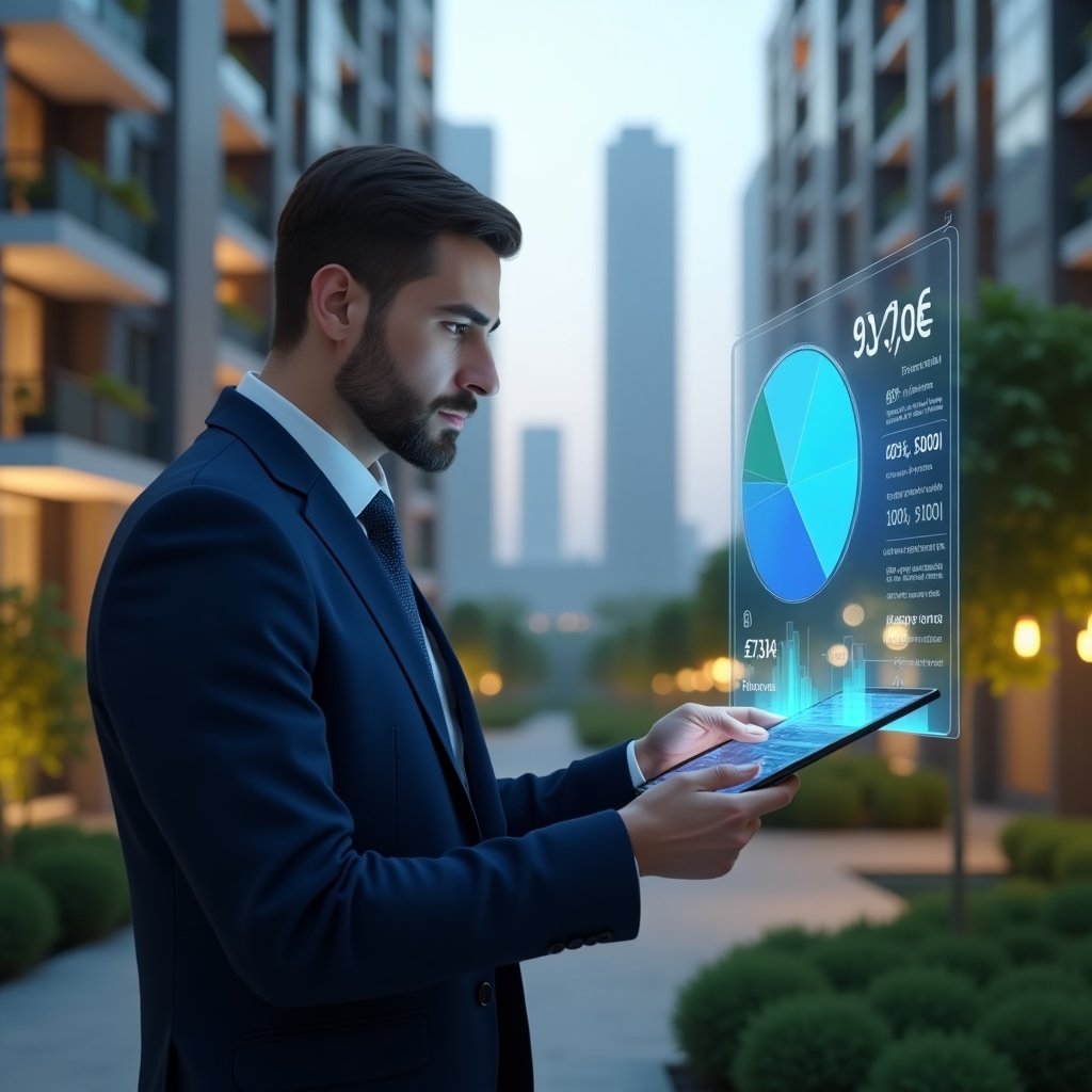 (Ultra-realistic condominium manager in a navy blue suit, set in a modern luxury condominium environment with high-rise buildings and meticulously landscaped greenery, holding a digital tablet projecting a holographic pie chart of property share calculations, looking thoughtfully at the floating 3D chart, cinematic lighting, shallow depth of field, highly detailed textures, realistic skin, photographic realism, 8k resolution --ar 1:1 --v 6)
