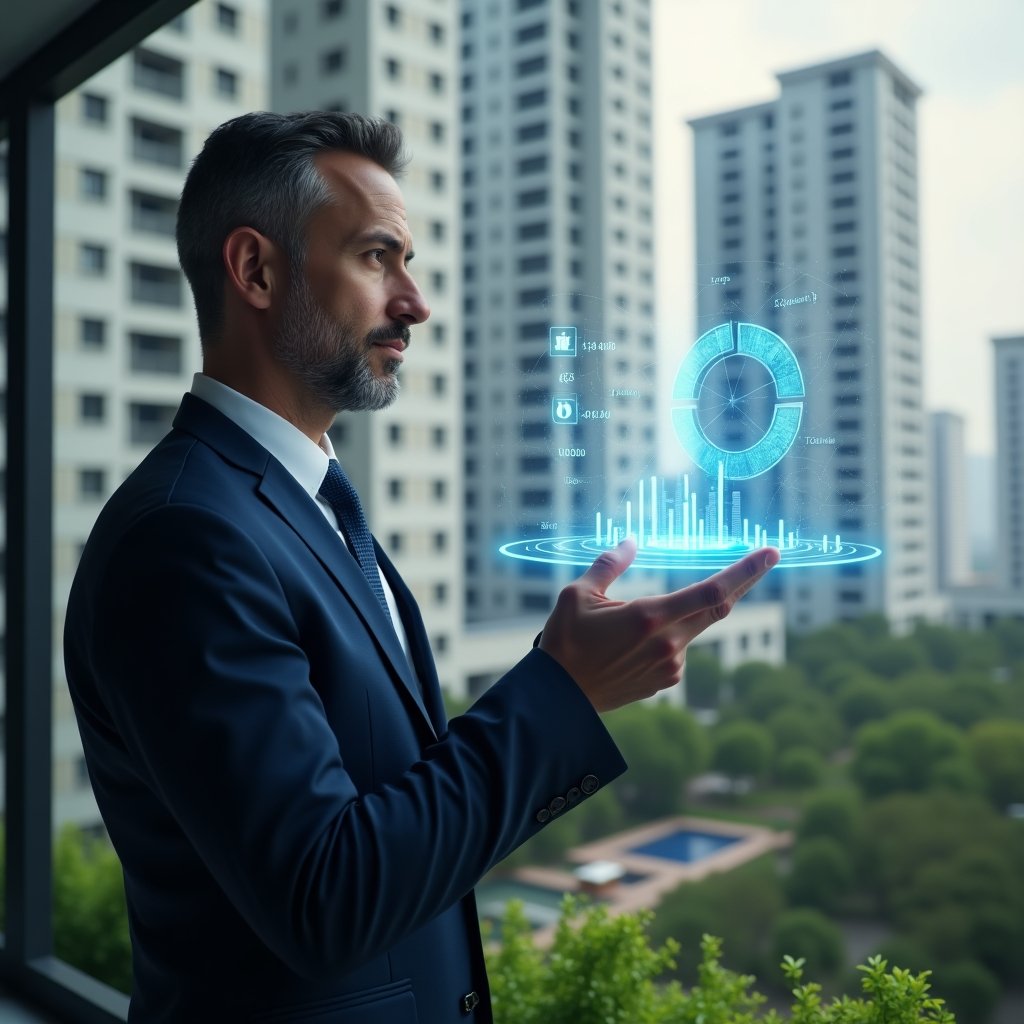 (Ultra-realistic condominium manager in a navy suit, set in a modern luxury condominium environment with high-rise buildings and green landscaping, analyzing a floating holographic pie chart of unit fractions and cost distribution with currency icons shimmering nearby, confident and analytical expression, cinematic lighting, shallow depth of field, highly detailed textures, realistic skin, photographic realism, 8k resolution --ar 1:1 --v 6)