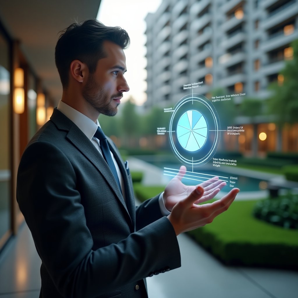 Ultra-realistic condominium manager in a dark gray tailored suit, set in a modern luxury condominium environment with high-rise buildings and lush green landscaping, focused expression as they interact with a holographic pie chart illustrating fractional ideal shares and voting weights, cinematic lighting, shallow depth of field, highly detailed textures, realistic skin, photographic realism, 8k resolution --ar 1:1 --v 6