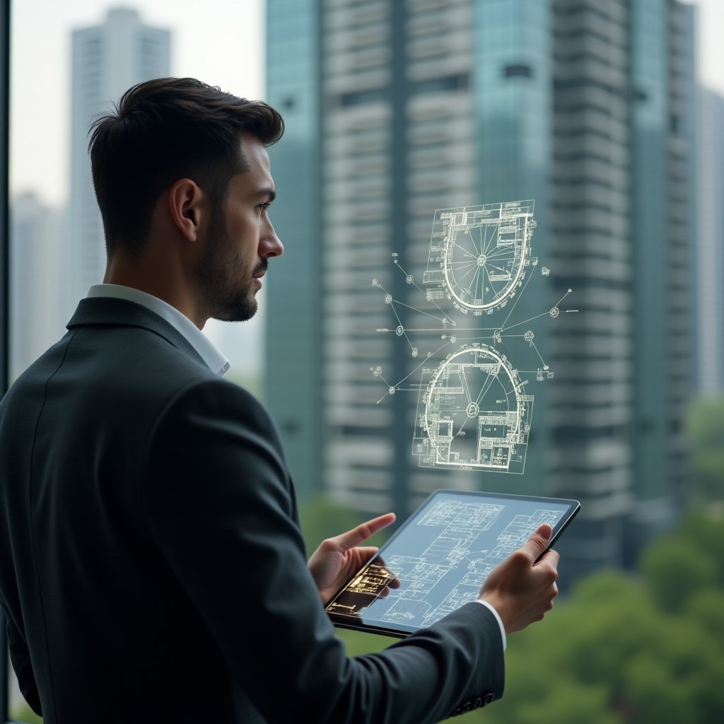 Ultra-realistic condominium manager in a charcoal grey tailored suit, set in a modern luxury condominium environment with high-rise glass towers and manicured gardens, thoughtfully analyzing a holographic 3D floor plan with highlighted fraction segments floating above a digital tablet, symbolic circular pie chart icon representing fractional ownership beside him, cinematic lighting, shallow depth of field, highly detailed textures, realistic skin, photographic realism, 8k resolution --ar 1:1 --v 6