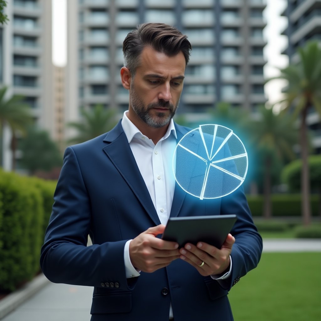 Ultra-realistic condominium manager in a navy blue tailored suit, set in a modern luxury condominium environment with high-rise buildings and well-manicured green landscaping, holding and reviewing a digital tablet displaying a holographic pie chart illustrating expense fractions, a floating 3D pie-chart hologram beside him, confident and thoughtful expression, cinematic lighting, shallow depth of field, highly detailed textures, realistic skin, photographic realism, 8k resolution --ar 1:1 --v 6