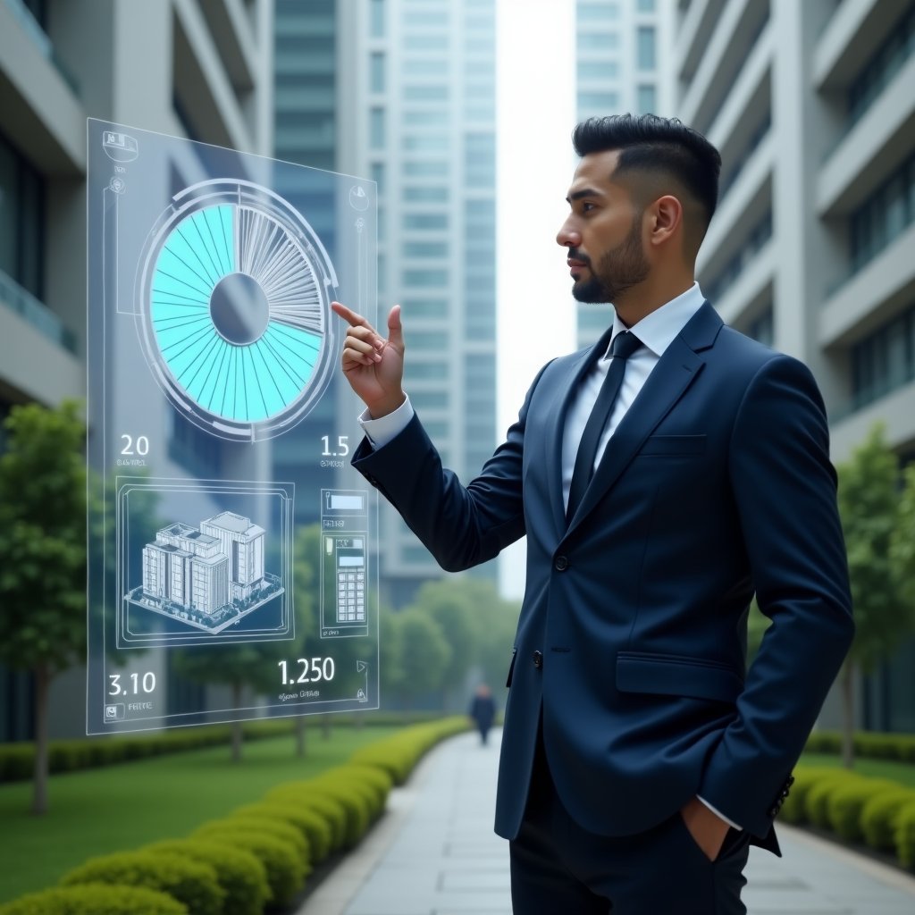 (Ultra-realistic condominium manager in a tailored navy-blue executive suit, set in a modern luxury condominium environment with high-rise buildings and manicured green landscaping, mid shot of the manager thoughtfully interacting with a floating holographic pie chart showing unit fractions and fractional calculations, digital condo blueprint and calculator icons projected beside them, cinematic lighting, shallow depth of field, highly detailed textures, realistic skin, photographic realism, 8k resolution --ar 1:1 --v 6)