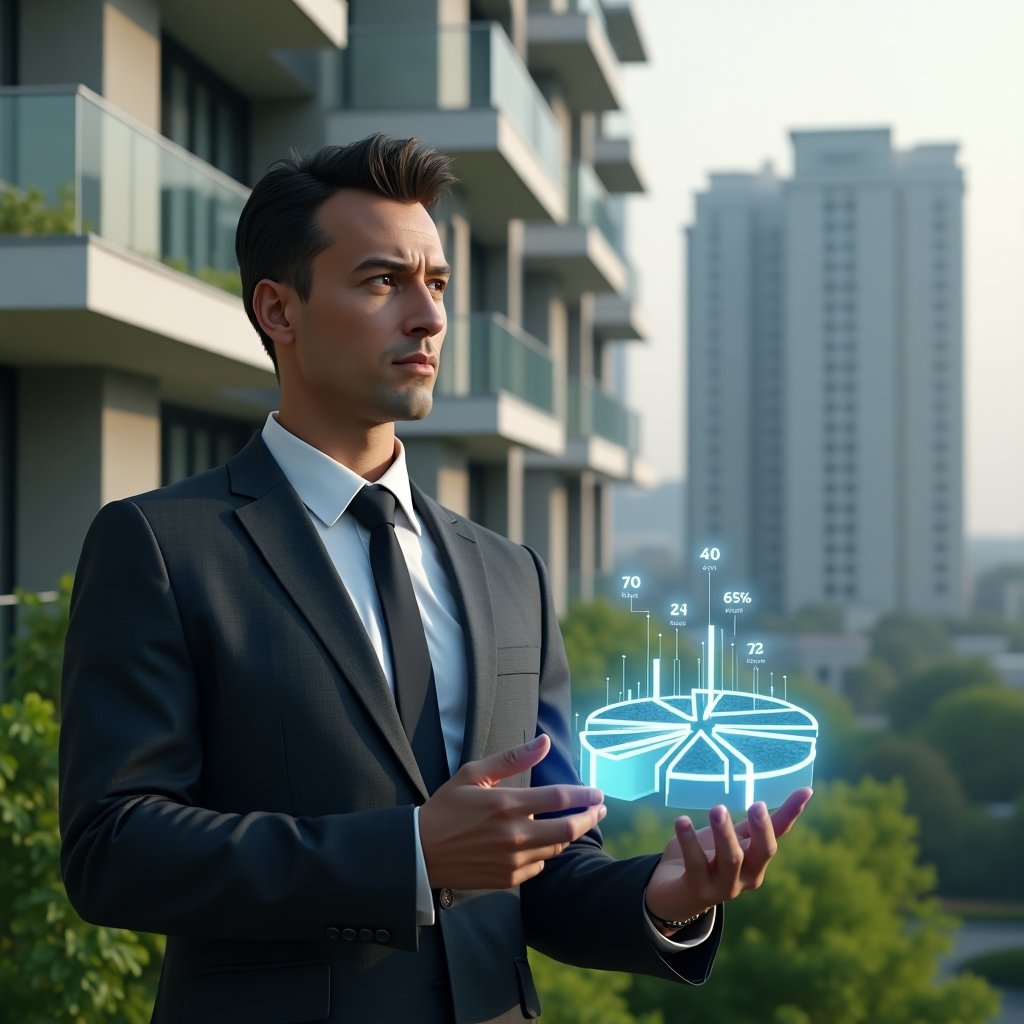 (Ultra-realistic condominium manager in a tailored charcoal suit, set in a modern luxury condominium environment with high-rise buildings and lush green landscaping, thoughtful and confident expression, examining a floating holographic 3D pie chart of expense fractions with glowing percentage icons, cinematic lighting, shallow depth of field, highly detailed textures, realistic skin, photographic realism, 8k resolution --ar 1:1 --v 6)