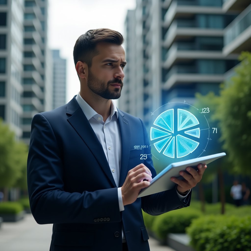 Ultra-realistic condominium manager in a tailored navy blue suit, set in a modern luxury condominium environment with high-rise buildings and lush green landscaping, examining a floating holographic 3D pie chart of unit fractions and condo fees on a transparent tablet, thoughtful confident expression, cinematic lighting, shallow depth of field, highly detailed textures, realistic skin, photographic realism, 8k resolution --ar 1:1 --v 6