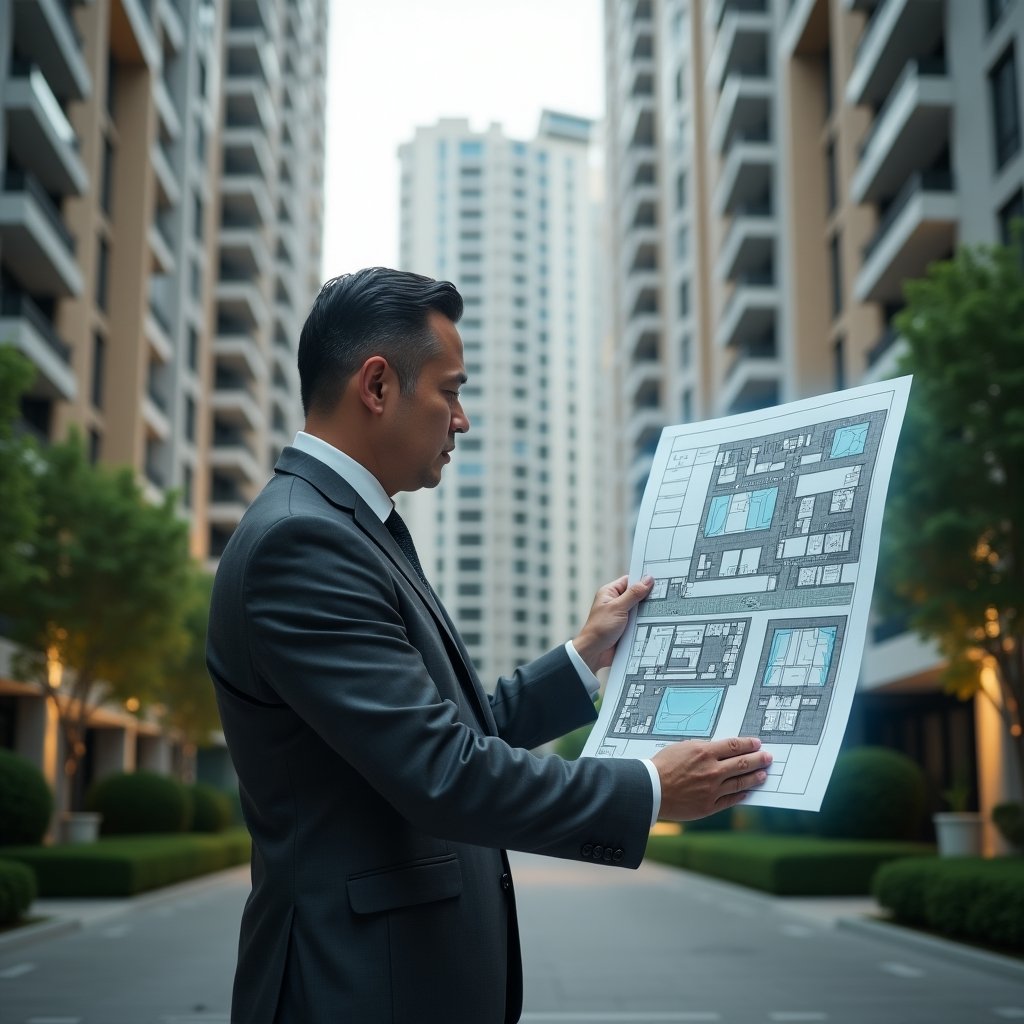 Ultra-realistic condominium manager in a charcoal gray tailored suit, set in a modern luxury condominium environment with high-rise buildings and lush green landscaping, thoughtfully examining a holographic blueprint of apartment area divisions, holographic pie chart overlay symbolizing fractional ownership, cinematic lighting, shallow depth of field, highly detailed textures, realistic skin, photographic realism, 8k resolution --ar 1:1 --v 6