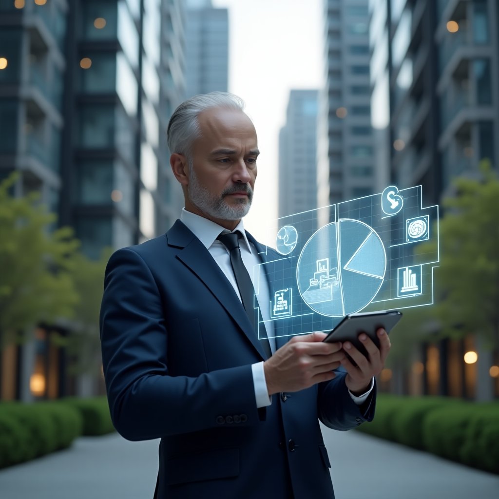 Ultra-realistic condominium manager in a navy blue suit, set in a modern luxury condominium environment with high-rise buildings and green landscaping, medium shot, holding a tablet projecting a holographic pie chart illustrating unit fractions, thoughtful and confident expression, symbolic holographic icons of coins and building blueprints floating around, cinematic lighting, shallow depth of field, highly detailed textures, realistic skin, photographic realism, 8k resolution --ar 1:1 --v 6