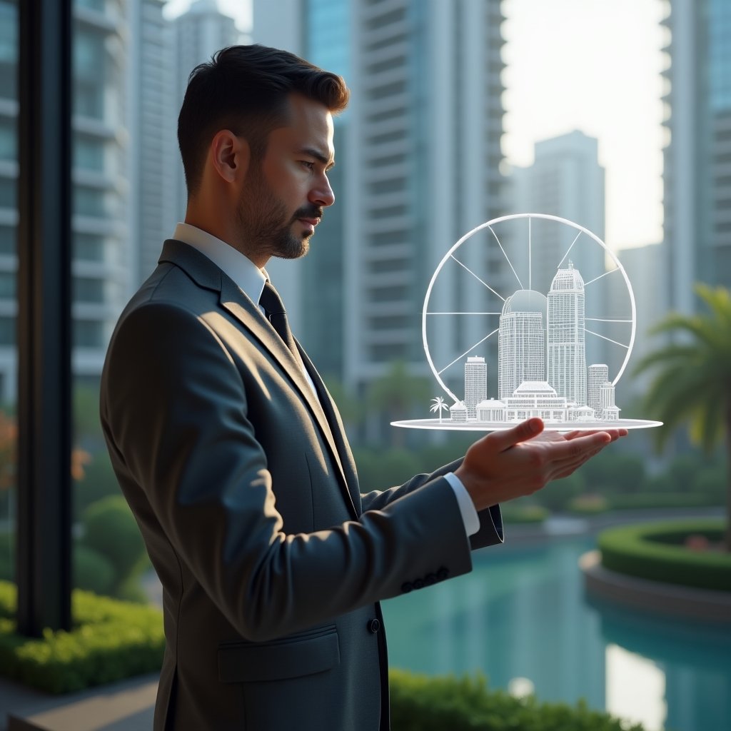 Ultra-realistic real estate consultant in a charcoal gray suit, set in a modern luxury condominium environment with high-rise buildings and manicured greenery, medium shot focusing on the consultant interacting with a floating holographic pie chart and 3D building model illustrating property shares, confident and analytical expression, cinematic lighting, shallow depth of field, highly detailed textures, realistic skin, photographic realism, 8k resolution --ar 1:1 --v 6