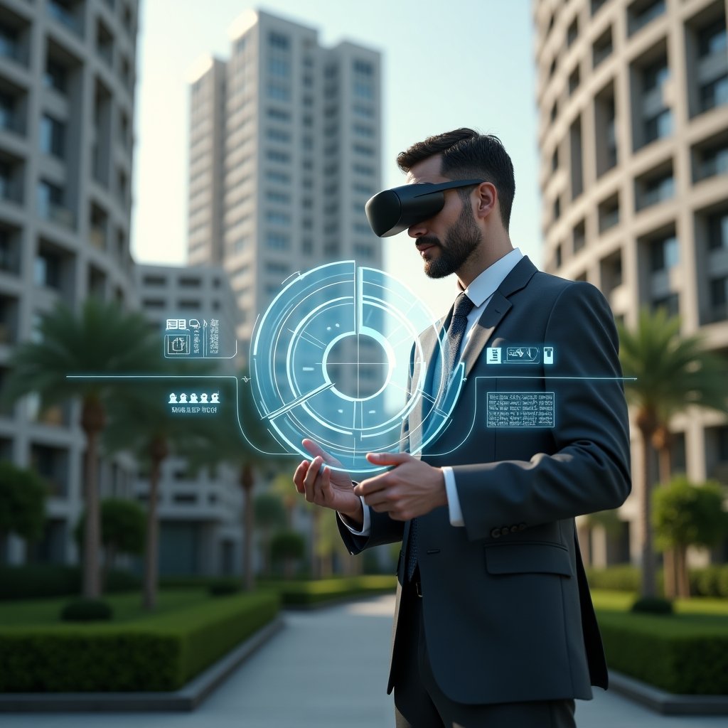 Ultra-realistic condominium manager in a charcoal gray suit, set in a modern luxury condominium environment with high-rise buildings and manicured green landscaping, confidently reviewing a floating holographic pie chart that visualizes unit fraction shares, thematic holographic icons representing cost distribution and voting power, cinematic lighting, shallow depth of field, highly detailed textures, realistic skin, photographic realism, 8k resolution --ar 1:1 --v 6