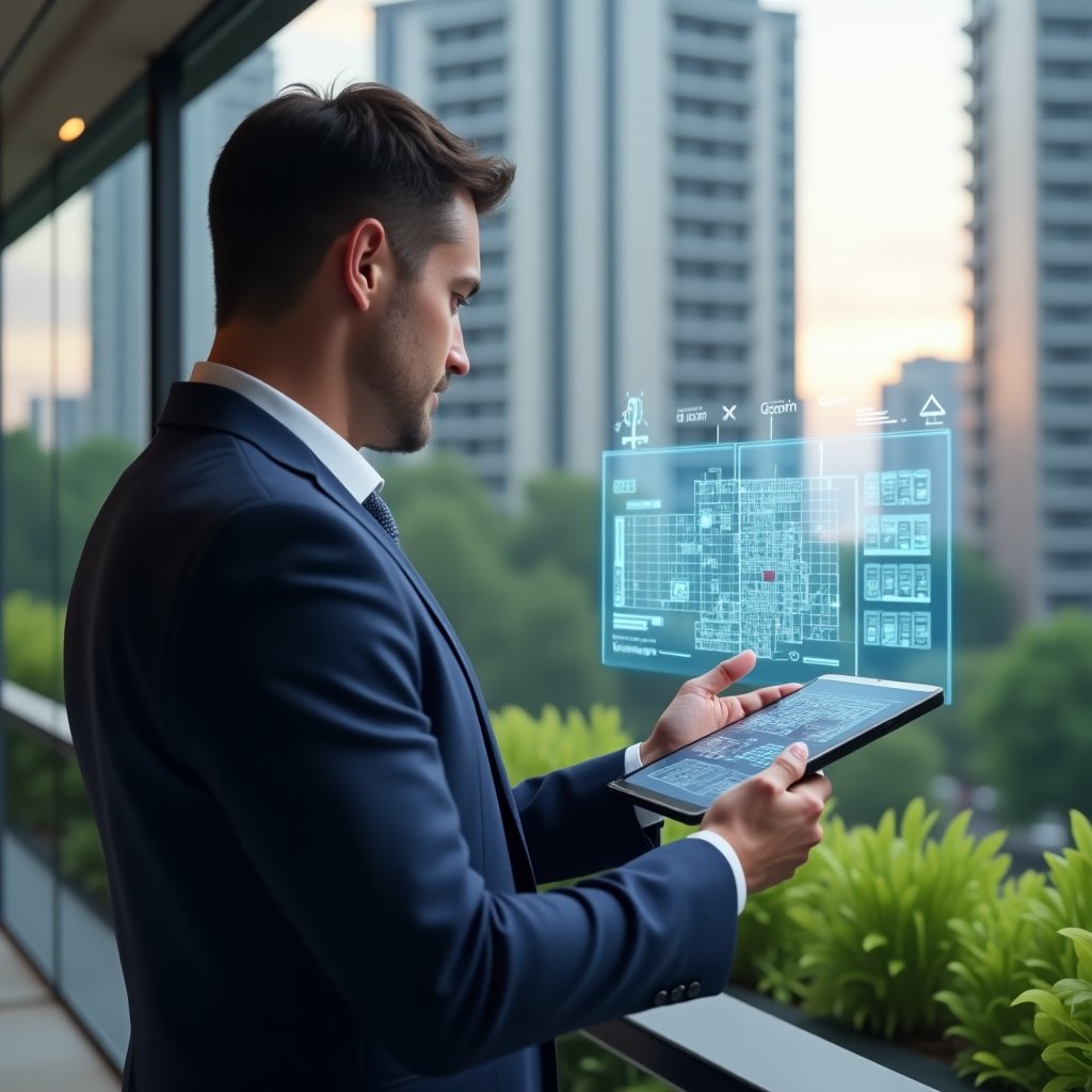 (Ultra-realistic condominium manager in a navy business suit, set in a modern luxury condominium environment with high-rise buildings and green landscaping, holding a digital tablet displaying a holographic floor plan with fractional area diagrams and scheduling icons, gesturing confidently toward the holographic chart to resolve common area disputes, floating holographic fraction ideal icons and calendar symbols, cinematic lighting, shallow depth of field, highly detailed textures, realistic skin, photographic realism, 8k resolution --ar 1:1 --v 6)