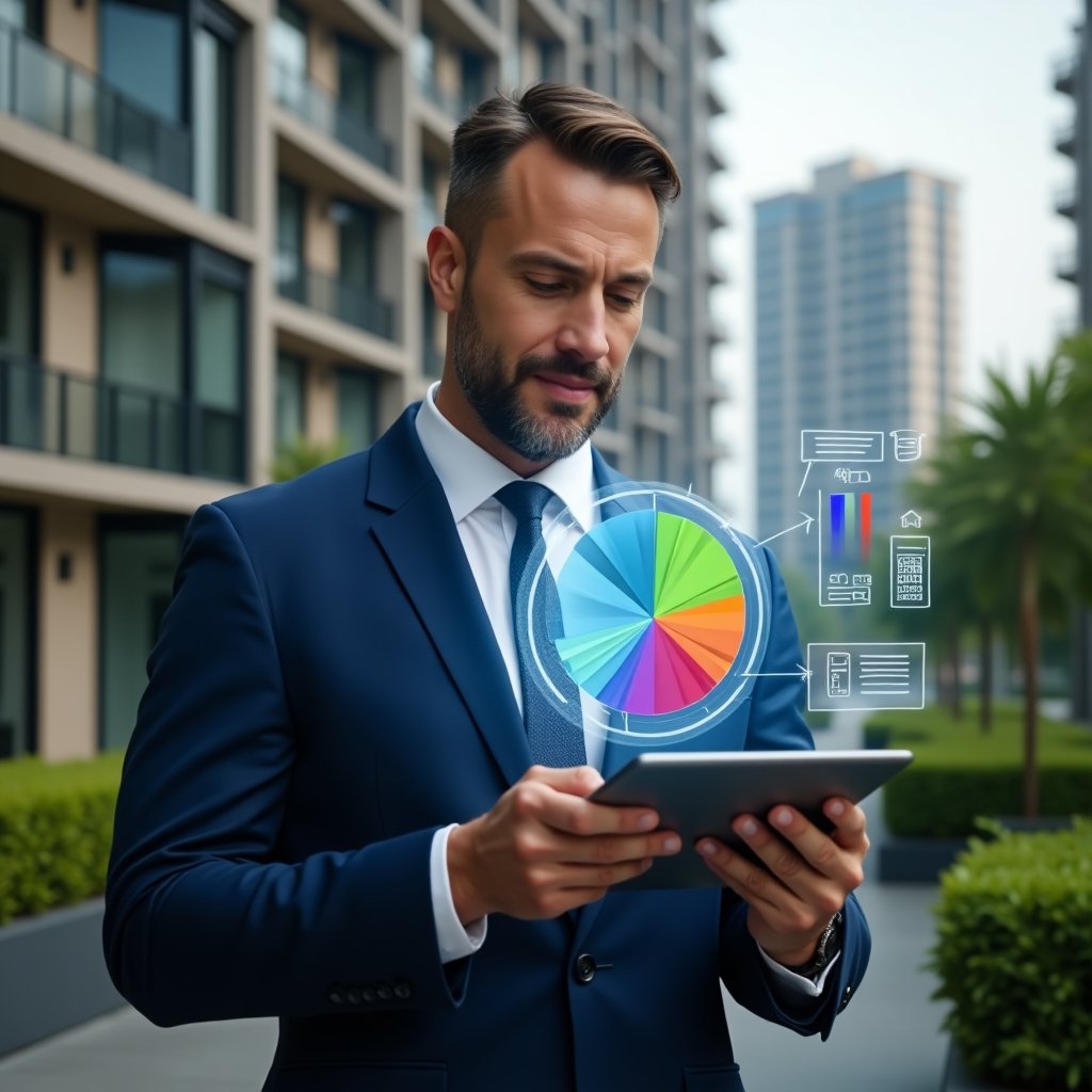 Ultra-realistic condominium manager in a navy blue suit, set in a modern luxury condominium environment with high-rise buildings and lush green landscaping, confidently holding a tablet that projects a holographic multicolored pie chart representing ideal fractions of ownership and shared costs, floating digital icons of calculator and chart around, analytical expression, cinematic lighting, shallow depth of field, highly detailed textures, realistic skin, photographic realism, 8k resolution --ar 1:1 --v 6