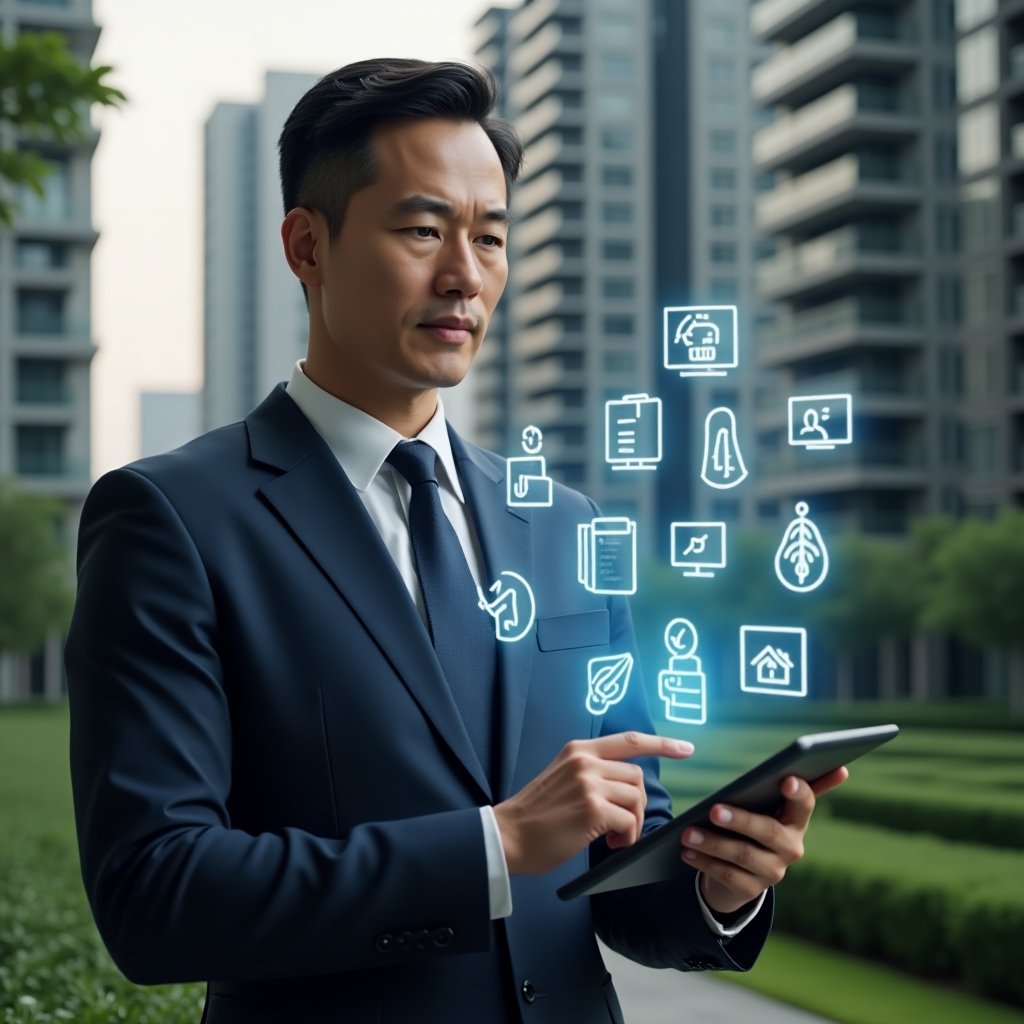 (Ultra-realistic condominium manager in a navy blue tailored suit, set in a modern luxury condominium environment with high-rise buildings and lush green landscaping, holding a digital tablet and interacting with holographic icons of booking schedules, chat notifications, and maintenance alerts, confident and focused expression, cinematic lighting, shallow depth of field, highly detailed textures, realistic skin, photographic realism, 8k resolution --ar 1:1 --v 6)