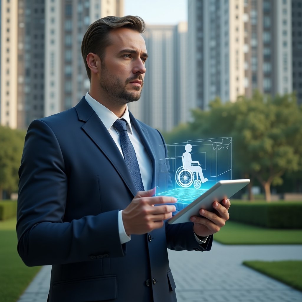 Ultra-realistic condominium manager in a navy tailored suit, set in a modern luxury condominium environment with high-rise buildings and lush green landscaping, holding a digital tablet projecting a holographic wheelchair icon and ramp blueprint, looking confidently as if planning accessibility improvements, cinematic lighting, shallow depth of field, highly detailed textures, realistic skin, photographic realism, 8k resolution --ar 1:1 --v 6