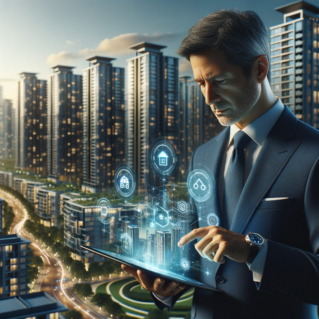 (Ultra-realistic condominium manager in a navy blue suit, set in a modern luxury condominium environment with high-rise buildings and meticulously landscaped greenery, holding a tablet displaying floating holographic app icons while thoughtfully analyzing them, a semi-transparent holographic interface of a digital management application hovering beside, cinematic lighting, shallow depth of field, highly detailed textures, realistic skin, photographic realism, 8k resolution --ar 1:1 --v 6)