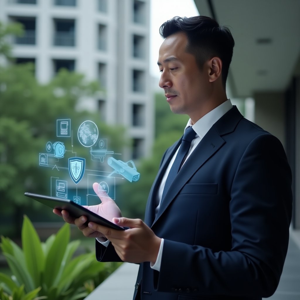 Ultra-realistic condominium security manager in a dark navy executive suit, set in a modern luxury condominium environment with high-rise buildings and lush green landscaping, medium shot of the professional analyzing a holographic security interface on a tablet with floating CCTV camera and shield icons, expression focused and confident, cinematic lighting, shallow depth of field, highly detailed textures, realistic skin, photographic realism, 8k resolution --ar 1:1 --v 6