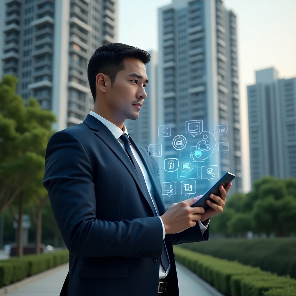 (Ultra-realistic condominium manager in a navy suit, set in a modern luxury condominium environment with high-rise buildings and lush green landscaping, holding a tablet projecting holographic task and communication icons, confidently analyzing the digital interface, cinematic lighting, shallow depth of field, highly detailed textures, realistic skin, photographic realism, 8k resolution --ar 1:1 --v 6)