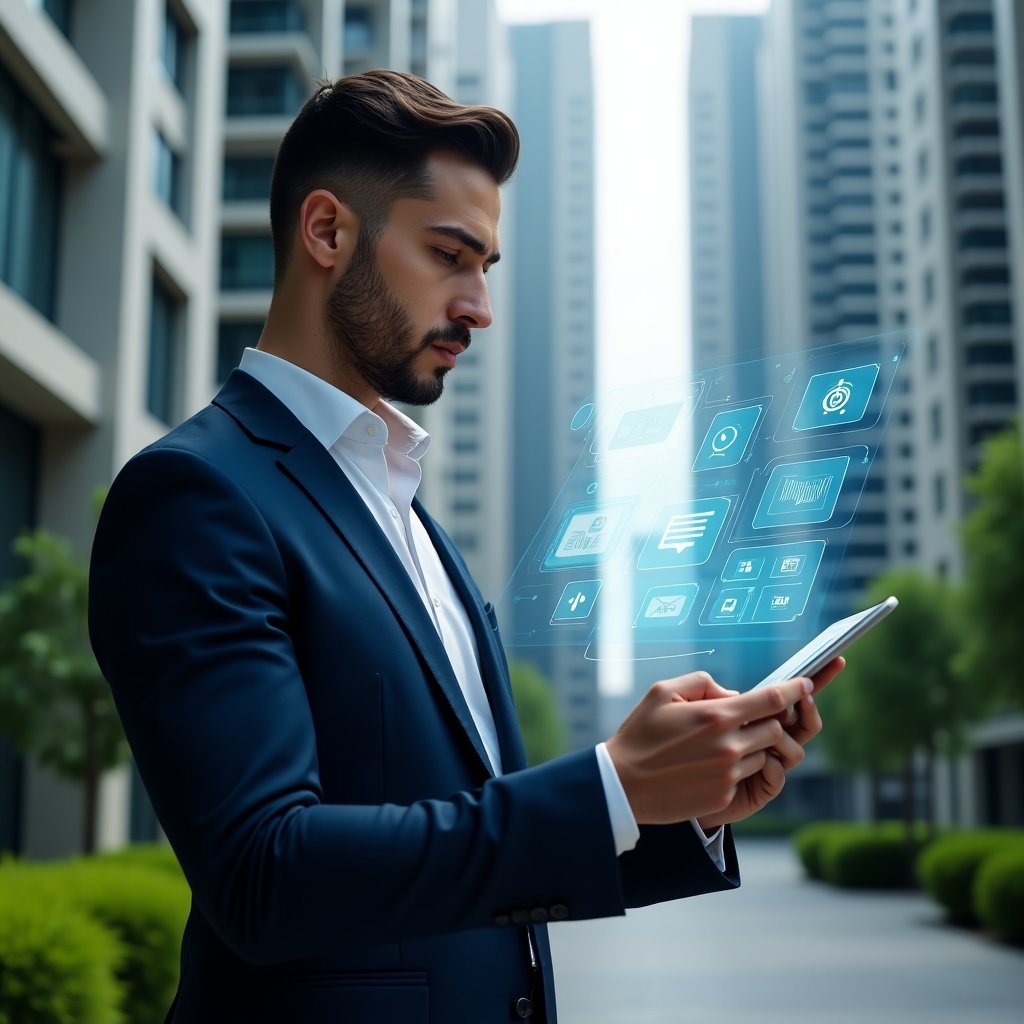 Ultra-realistic professional condominium manager in an elegant navy suit, set in a modern luxury condominium environment with sleek high-rise buildings and manicured green landscaping, confidently analyzing a holographic management dashboard projected from a tablet with floating icons of checklists and communication signals, cinematic lighting, shallow depth of field, highly detailed textures, realistic skin, photographic realism, 8k resolution --ar 1:1 --v 6