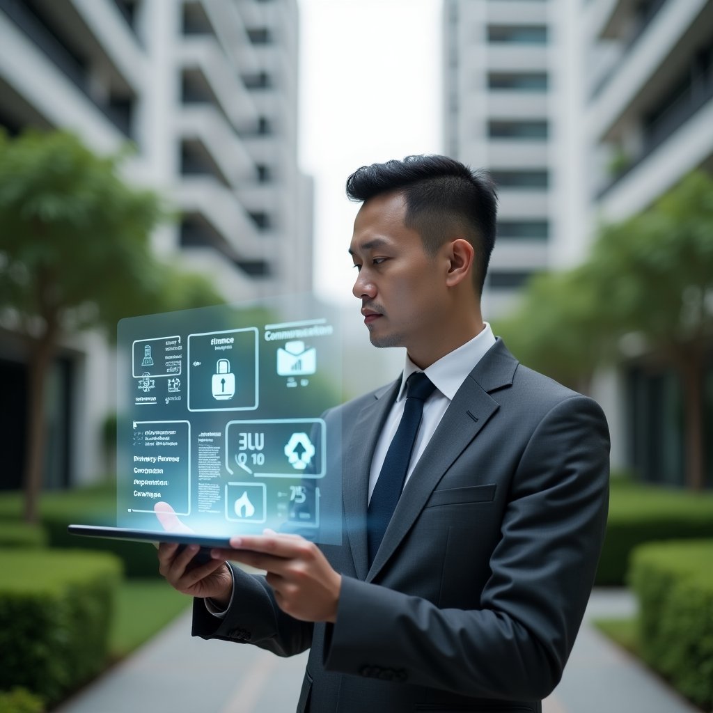 (Ultra-realistic condominium manager in a charcoal grey tailored suit, set in a modern luxury condominium environment with high-rise buildings and manicured green landscaping, mid shot with a confident and focused expression, holding a tablet projecting a holographic condominium management dashboard with floating icons representing finance, communication and access control, cinematic lighting, shallow depth of field, highly detailed textures, realistic skin, photographic realism, 8k resolution --ar 1:1 --v 6)