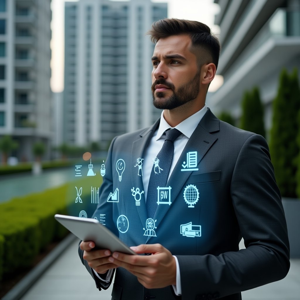 (Ultra-realistic condominium manager in a charcoal gray tailored suit, set in a modern luxury condominium environment with high-rise buildings and well-kept green landscaping, holding a tablet displaying a holographic condominium management app interface with icons and analytics charts symbolizing optimized processes and transparency, confident and thoughtful expression, cinematic lighting, shallow depth of field, highly detailed textures, realistic skin, photographic realism, 8k resolution --ar 1:1 --v 6)