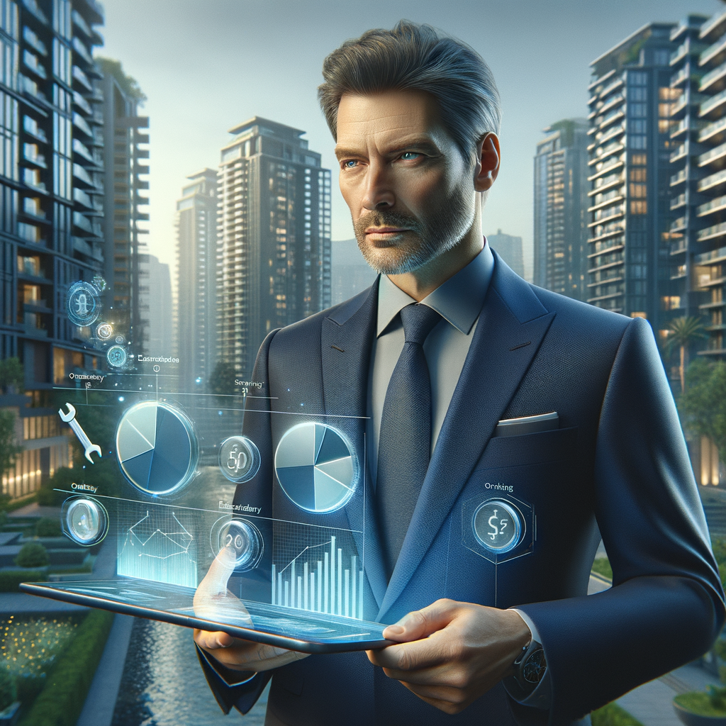 (Ultra-realistic condominium manager in a navy blue suit, set in a modern luxury condominium environment with high-rise buildings and lush green landscaping, holding a transparent tablet displaying holographic pie charts that distinguish ordinary and extraordinary expenses, analyzing budget with a confident, focused expression, floating icons of coins, a wrench and a cleaning brush beside the tablet as symbolic visual elements, cinematic lighting, shallow depth of field, highly detailed textures, realistic skin, photographic realism, 8k resolution --ar 1:1 --v 6)