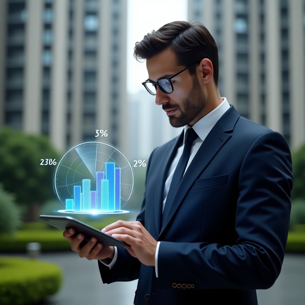 Ultra-realistic condominium manager in a navy blue suit, set in a modern luxury condominium environment with high-rise buildings and well-manicured green landscaping, analyzing a holographic fractional distribution chart hovering above a tablet, confident and focused expression, holographic percentage symbols and pie chart icons representing ideal ownership fractions, cinematic lighting, shallow depth of field, highly detailed textures, realistic skin, photographic realism, 8k resolution --ar 1:1 --v 6