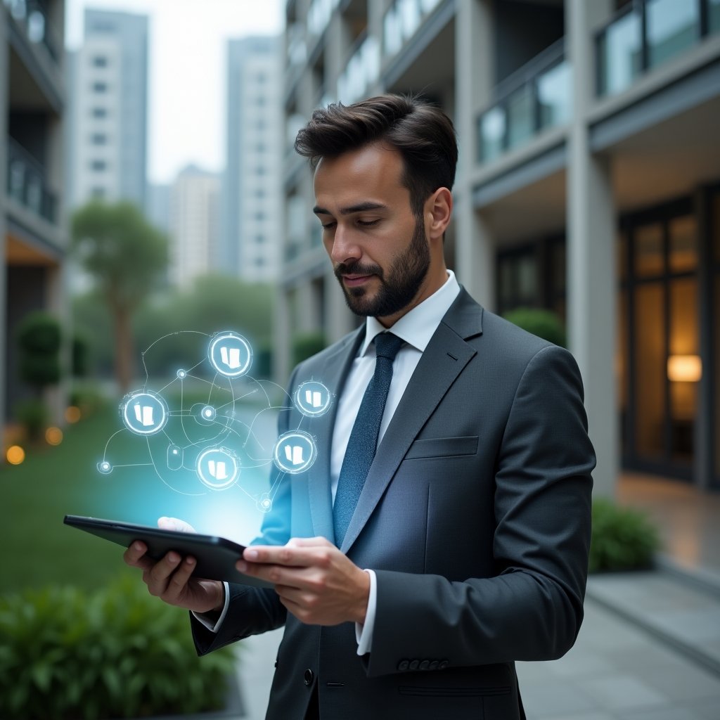 Ultra-realistic condominium manager in a charcoal grey tailored suit, set in a modern luxury condominium environment with high-rise buildings and green landscaping, confidently interacting with a floating holographic online voting interface on a tablet, surrounded by subtle glowing digital ballot icons, cinematic lighting, shallow depth of field, highly detailed textures, realistic skin, photographic realism, 8k resolution --ar 1:1 --v 6