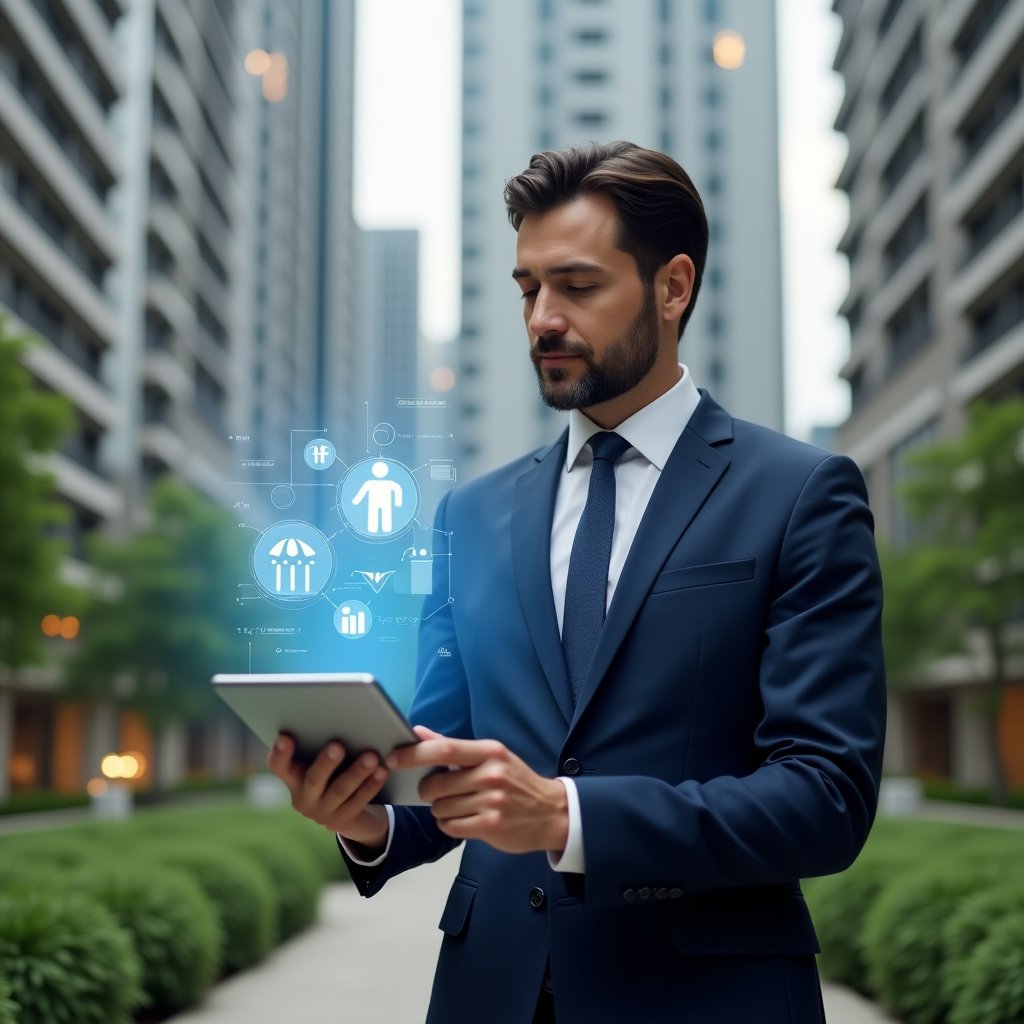 (Ultra-realistic condominium manager in a navy executive suit, set in a modern luxury condominium environment with high-rise buildings and lush green landscaping, pointing to a newly installed ramp while holding a tablet projecting a holographic condo management app icon and inclusive signage symbol, confident and thoughtful expression, cinematic lighting, shallow depth of field, highly detailed textures, realistic skin, photographic realism, 8k resolution --ar 1:1 --v 6)