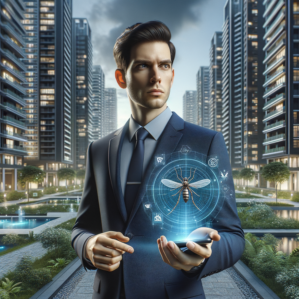 (Ultra-realistic condominium manager in a navy blue suit and white shirt, set in a modern luxury condominium environment with high-rise buildings and well-manicured greenery, holding a smartphone displaying a holographic map of mosquito breeding hotspots, a floating Aedes aegypti icon symbolizing dengue prevention, confident and focused expression, cinematic lighting, shallow depth of field, highly detailed textures, realistic skin, photographic realism, 8k resolution --ar 1:1 --v 6)