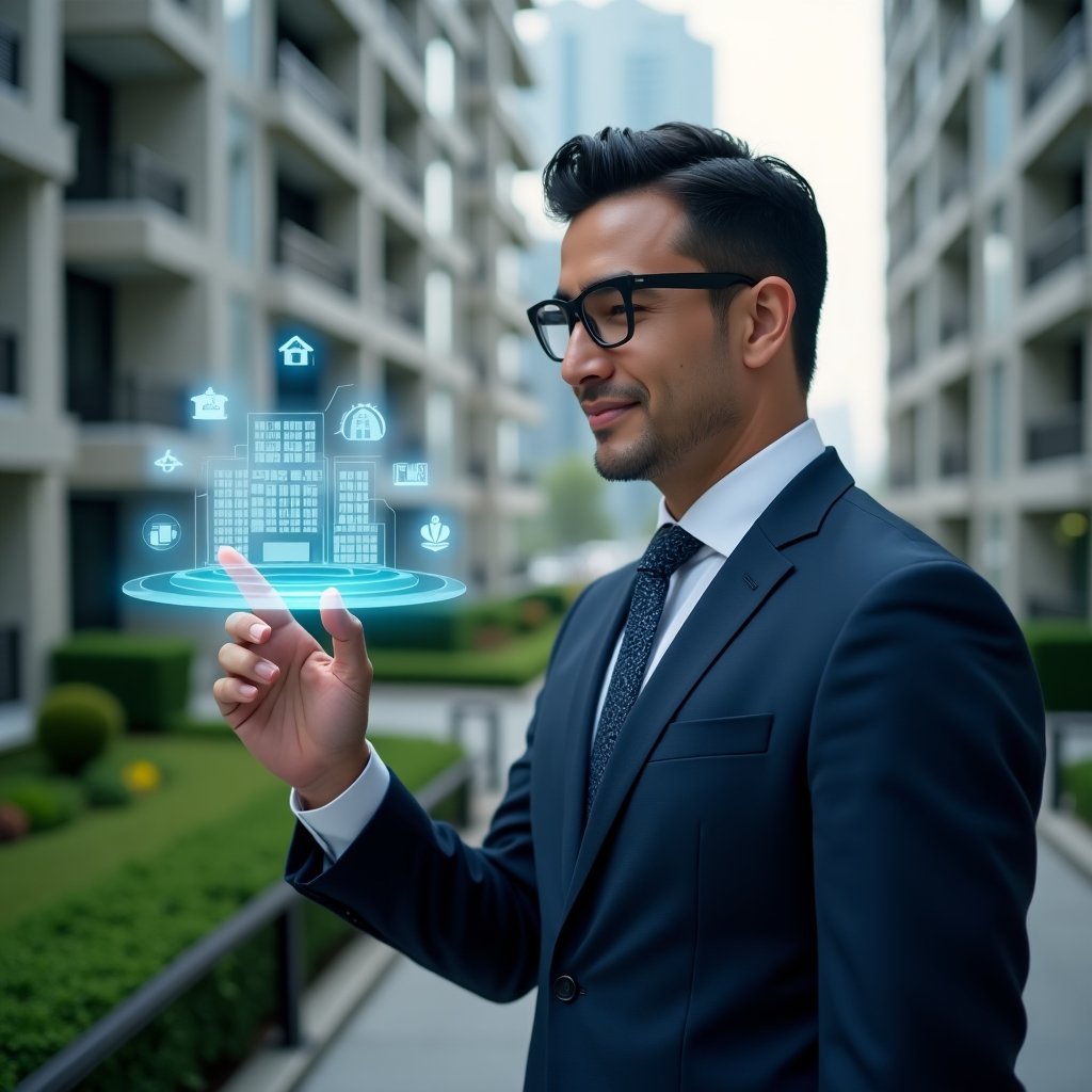 (Ultra-realistic medium close-up of a condominium manager in a tailored navy blue business suit with a confident expression, set in a modern luxury condominium environment with high-rise buildings and manicured green landscaping, tapping a floating holographic condominium management app interface, glowing digital icons representing property management, cinematic lighting, shallow depth of field, highly detailed textures, realistic skin, photographic realism, 8k resolution --ar 1:1 --v 6)