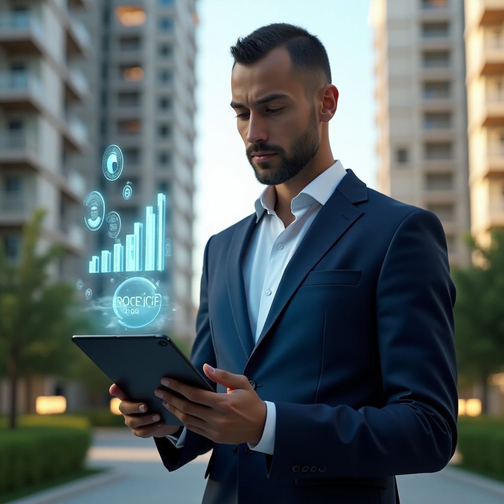 (Ultra-realistic condominium manager in a navy blue tailored suit, set in a modern luxury condominium environment with high-rise buildings and lush green landscaping, analyzing a holographic financial chart hovering above a tablet in hand with a thoughtful and confident expression, floating bar graph and pie chart icons symbolizing reduced delinquency, cinematic lighting, shallow depth of field, highly detailed textures, realistic skin, photographic realism, 8k resolution --ar 1:1 --v 6)