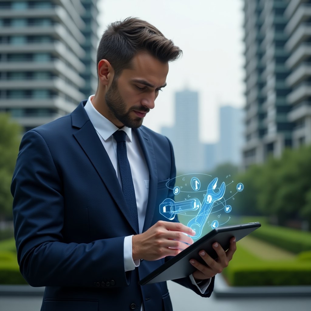 Ultra-realistic property manager in a dark blue tailored suit, set in a modern luxury condominium environment with high-rise buildings and manicured green landscaping, analyzing maintenance plans on a digital tablet with holographic wrench and checklist icons floating around, confident and focused expression, cinematic lighting, shallow depth of field, highly detailed textures, realistic skin, photographic realism, 8k resolution --ar 1:1 --v 6