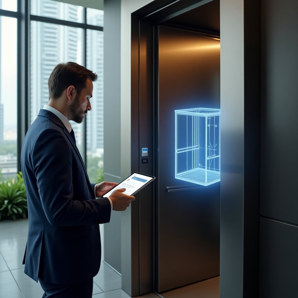 (Ultra-realistic building manager in a navy blue business suit, set in a modern luxury condominium environment with high-rise buildings and green landscaping, reviewing an elevator inspection report on a digital tablet while standing next to open elevator doors, a holographic schematic of an elevator cabin floating beside them, expression focused and confident, cinematic lighting, shallow depth of field, highly detailed textures, realistic skin, photographic realism, 8k resolution --ar 1:1 --v 6)