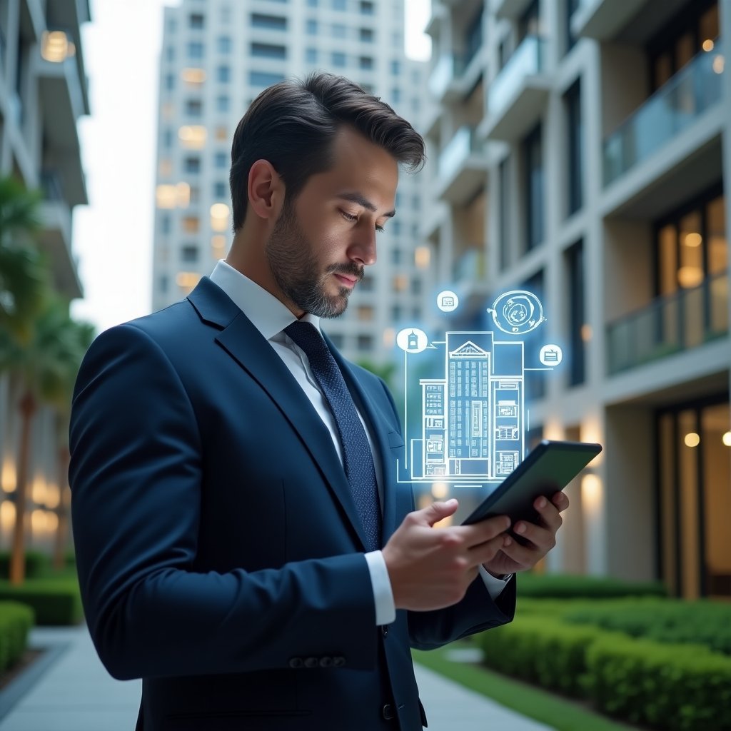 (Ultra-realistic condominium manager in a tailored navy suit, set in a modern luxury condominium environment with high-rise buildings and meticulously manicured green landscaping, medium shot of a confident manager consulting a digital tablet displaying a holographic maintenance checklist and building blueprint, floating gear and calendar icons emphasizing the preventive maintenance theme, cinematic lighting, shallow depth of field, highly detailed textures, realistic skin, photographic realism, 8k resolution --ar 1:1 --v 6)