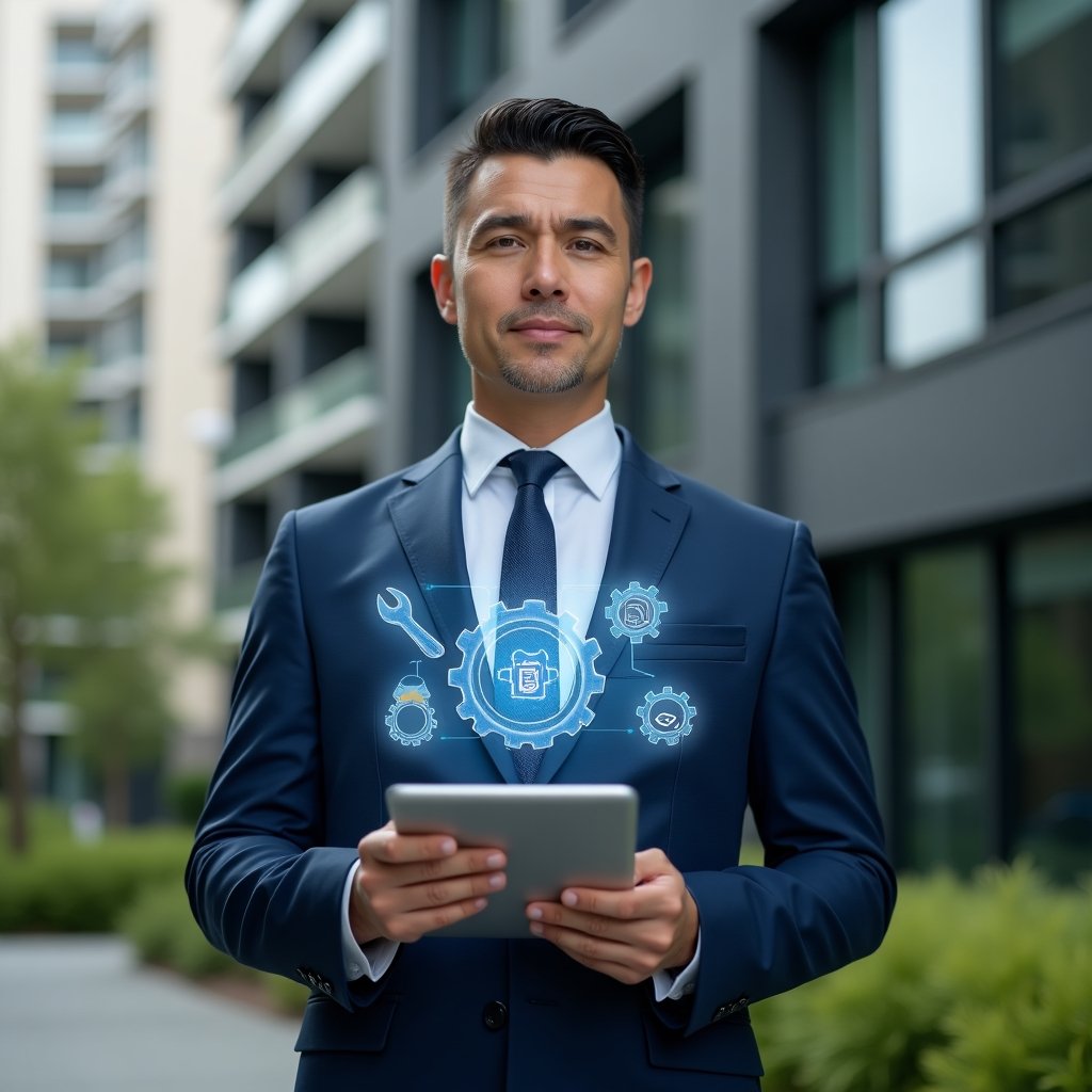 (Ultra-realistic condominium manager in a tailored navy blue suit, set in a modern luxury condominium environment with high-rise buildings and well-maintained green landscaping, holding a digital tablet displaying a holographic maintenance plan, surrounded by floating gear and wrench icons symbolizing preventive maintenance, confident and focused expression, cinematic lighting, shallow depth of field, highly detailed textures, realistic skin, photographic realism, 8k resolution --ar 1:1 --v 6)