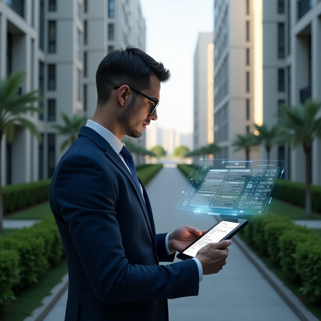 (Ultra-realistic condominium manager in a navy blue executive suit, set in a modern luxury condominium environment with high-rise buildings and manicured green landscaping, confidently examining a tablet displaying a preventive maintenance schedule, surrounded by holographic gear and checklist icons, cinematic lighting, photographic realism, shallow depth of field, highly detailed textures, realistic skin, 8k resolution --ar 1:1 --v 6)