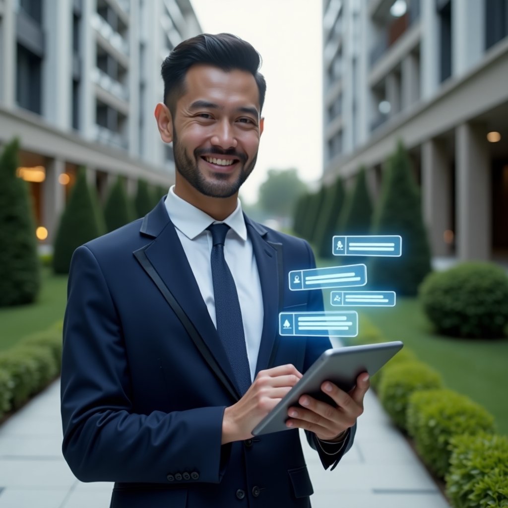 Ultra-realistic condominium manager in a tailored navy-blue suit, set in a modern luxury condominium environment with high-rise buildings and manicured green landscaping, holding a sleek tablet showing an interactive condominium communication app with floating holographic chat and notification icons, confident and approachable smile, cinematic lighting, shallow depth of field, highly detailed textures, realistic skin, photographic realism, 8k resolution --ar 1:1 --v 6